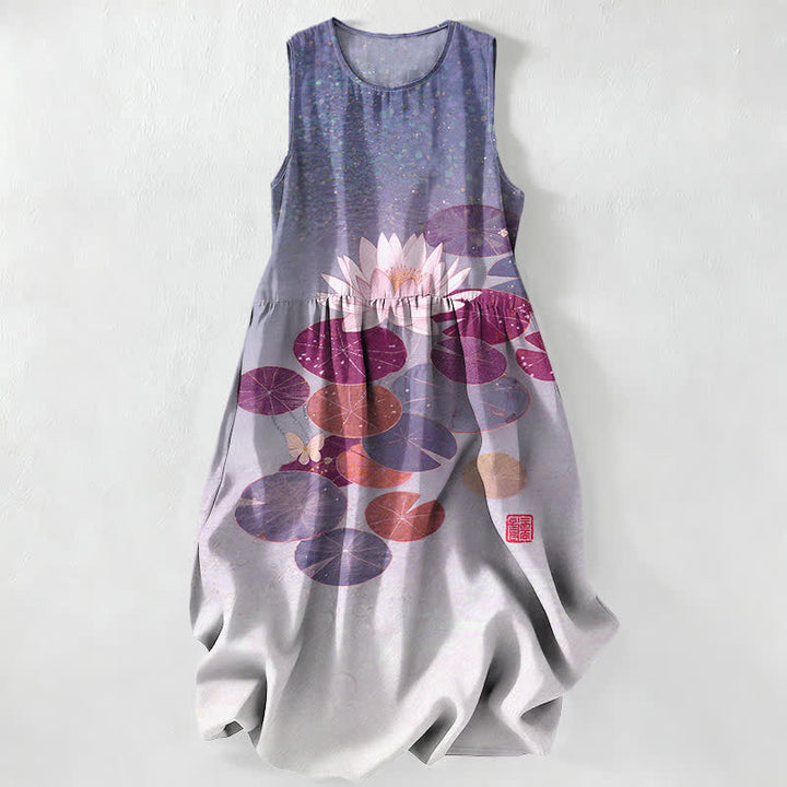 Buddha Stones Summer Casual Lotus Pond Pattern Women's Summer Sleeveless Midi Dress With Pockets - Lavender - US16，UK/AU20，EU48 (3XL) - image 5