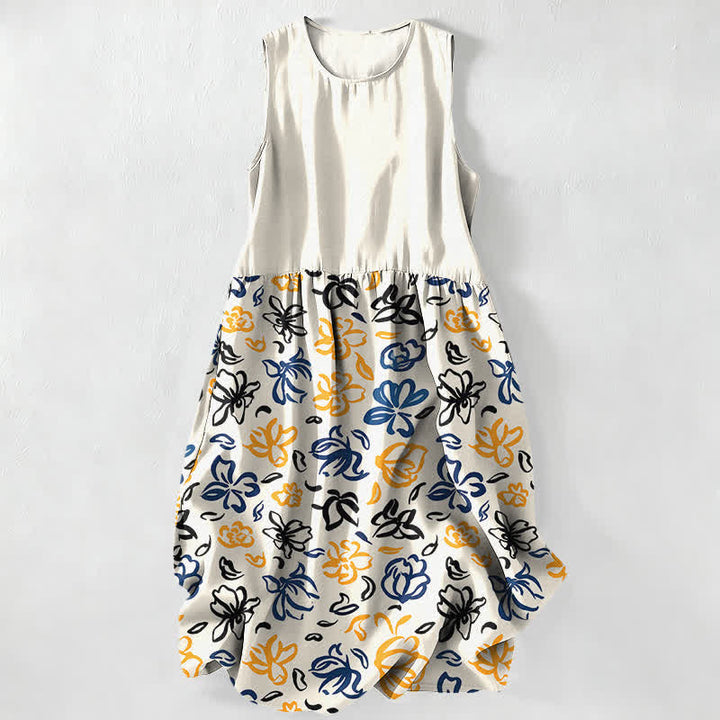 Buddha Stones Summer Casual Abstract Floral Pattern Women's Summer Sleeveless Midi Dress With Pockets - Ivory - US16，UK/AU20，EU48 (3XL) - image 0