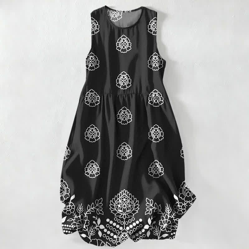 Buddha Stones Summer Casual Vintage Floral Medallions Leaves Pattern Women's Summer Sleeveless Midi Dress With Pockets - Black - US16，UK/AU20，EU48 (3XL) - image 0