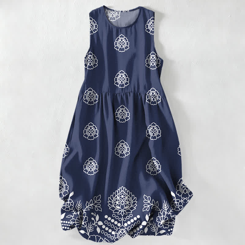 Buddha Stones Summer Casual Vintage Floral Medallions Leaves Pattern Women's Summer Sleeveless Midi Dress With Pockets - SteelBlue - US16，UK/AU20，EU48 (3XL) - image 4