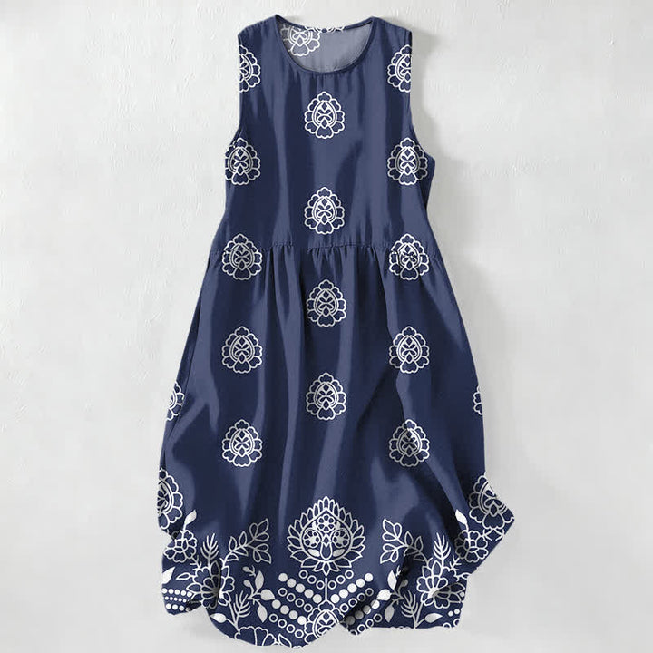 Buddha Stones Summer Casual Vintage Floral Medallions Leaves Pattern Women's Summer Sleeveless Midi Dress With Pockets - SteelBlue - US16，UK/AU20，EU48 (3XL) - image 4