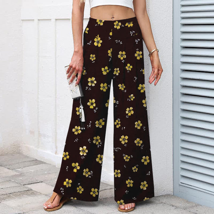 Buddha Stones Cotton Linen Vintage Floral Pattern Women's Elastic Waist Wide Leg Pants With Pockets - image 1