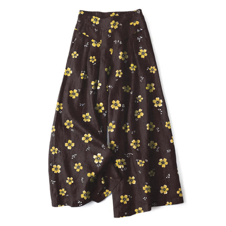 Buddha Stones Cotton Linen Vintage Floral Pattern Women's Elastic Waist Wide Leg Pants With Pockets - Black - US16，UK/AU20，EU48 (3XL) - image 0