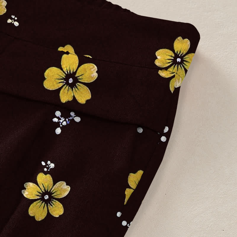 Buddha Stones Cotton Linen Vintage Floral Pattern Women's Elastic Waist Wide Leg Pants With Pockets - image 2