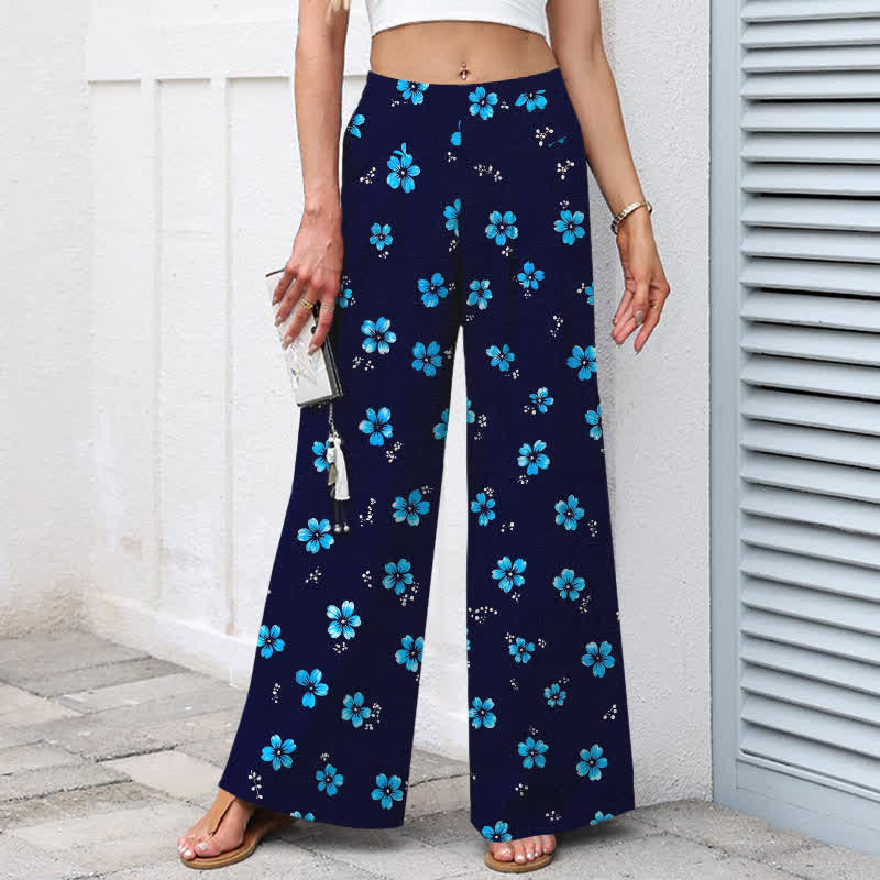Buddha Stones Cotton Linen Vintage Floral Pattern Women's Elastic Waist Wide Leg Pants With Pockets - image 5