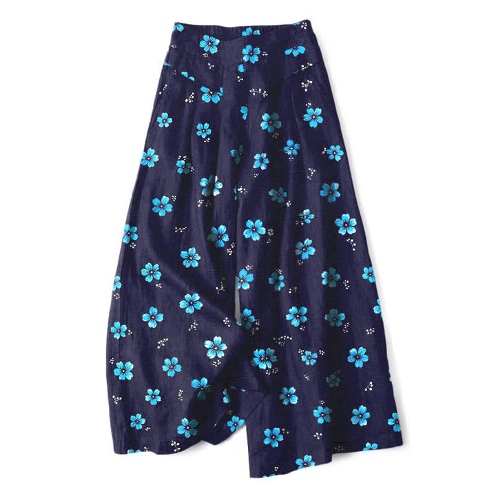 Buddha Stones Cotton Linen Vintage Floral Pattern Women's Elastic Waist Wide Leg Pants With Pockets - Navy - US16，UK/AU20，EU48 (3XL) - image 4