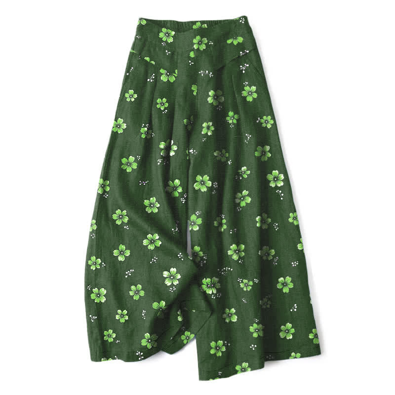 Buddha Stones Cotton Linen Vintage Floral Pattern Women's Elastic Waist Wide Leg Pants With Pockets - ForestGreen - US16，UK/AU20，EU48 (3XL) - image 6