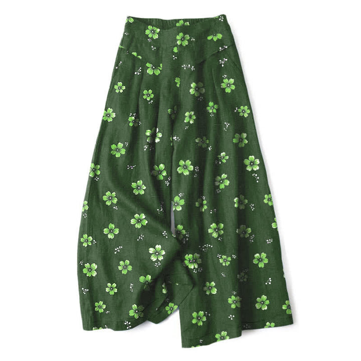 Buddha Stones Cotton Linen Vintage Floral Pattern Women's Elastic Waist Wide Leg Pants With Pockets - ForestGreen - US16，UK/AU20，EU48 (3XL) - image 6