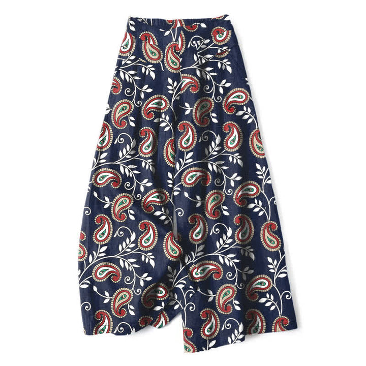 Buddha Stones Cotton Linen Bohemian Paisley Pattern Women's Elastic Waist Wide Leg Pants With Pockets - Navy - US16，UK/AU20，EU48 (3XL) - image 0