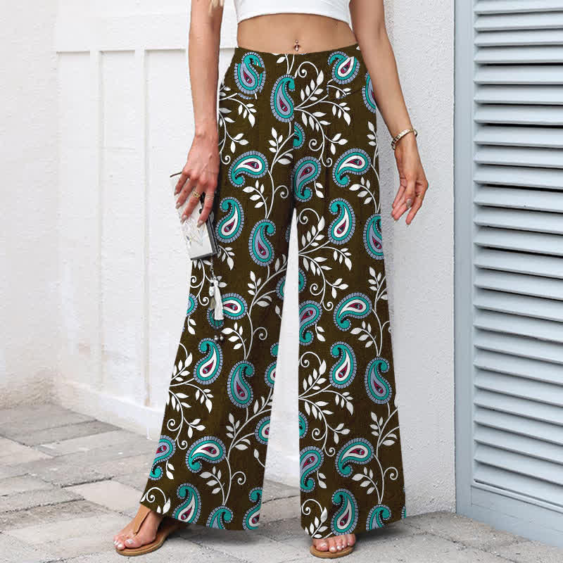 Buddha Stones Cotton Linen Bohemian Paisley Pattern Women's Elastic Waist Wide Leg Pants With Pockets - image 5