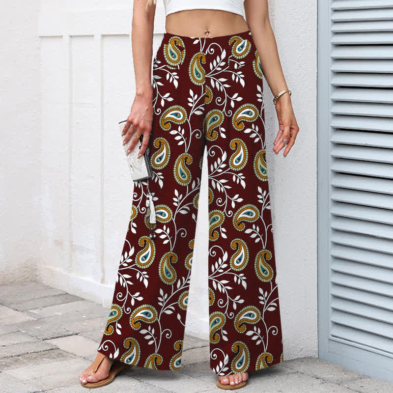 Buddha Stones Cotton Linen Bohemian Paisley Pattern Women's Elastic Waist Wide Leg Pants With Pockets - image 7