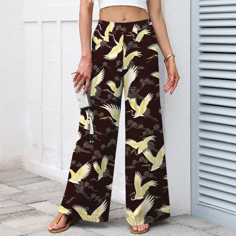 Buddha Stones Cotton Linen Gold Crane Pattern Women's Elastic Waist Wide Leg Pants With Pockets - image 5