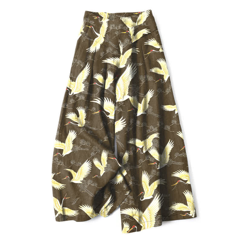 Buddha Stones Cotton Linen Gold Crane Pattern Women's Elastic Waist Wide Leg Pants With Pockets - DarkKhaki - US16，UK/AU20，EU48 (3XL) - image 6