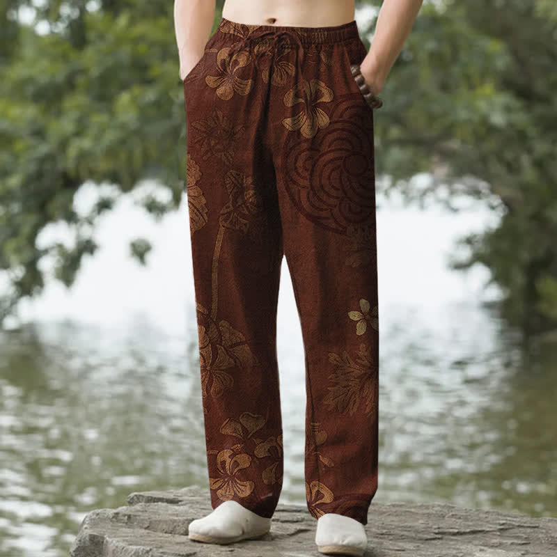 Buddha Stones Cotton Vintage Floral Pattern Men's Tapered Pants With Pockets - SaddleBrown - US/UK/AU50，EU60 (5XL) - image 0