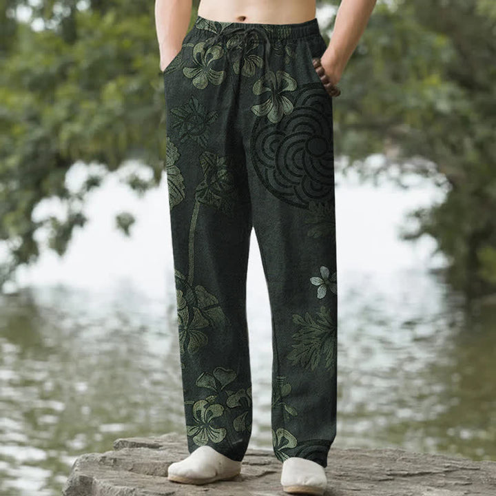 Buddha Stones Cotton Vintage Floral Pattern Men's Tapered Pants With Pockets - DarkGreen - US/UK/AU50，EU60 (5XL) - image 4