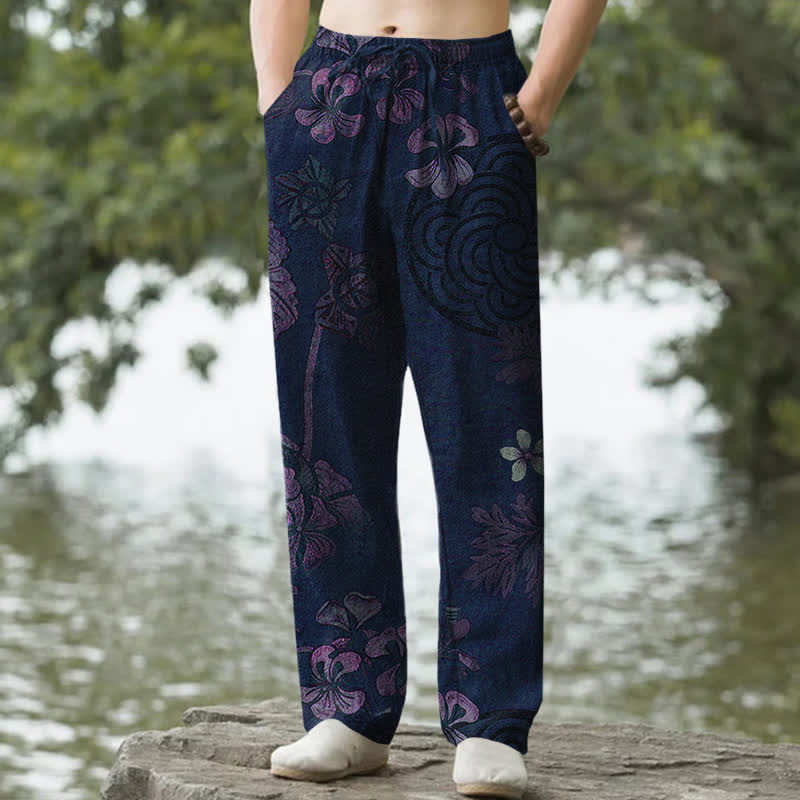 Buddha Stones Cotton Vintage Floral Pattern Men's Tapered Pants With Pockets - Navy - US/UK/AU50，EU60 (5XL) - image 6