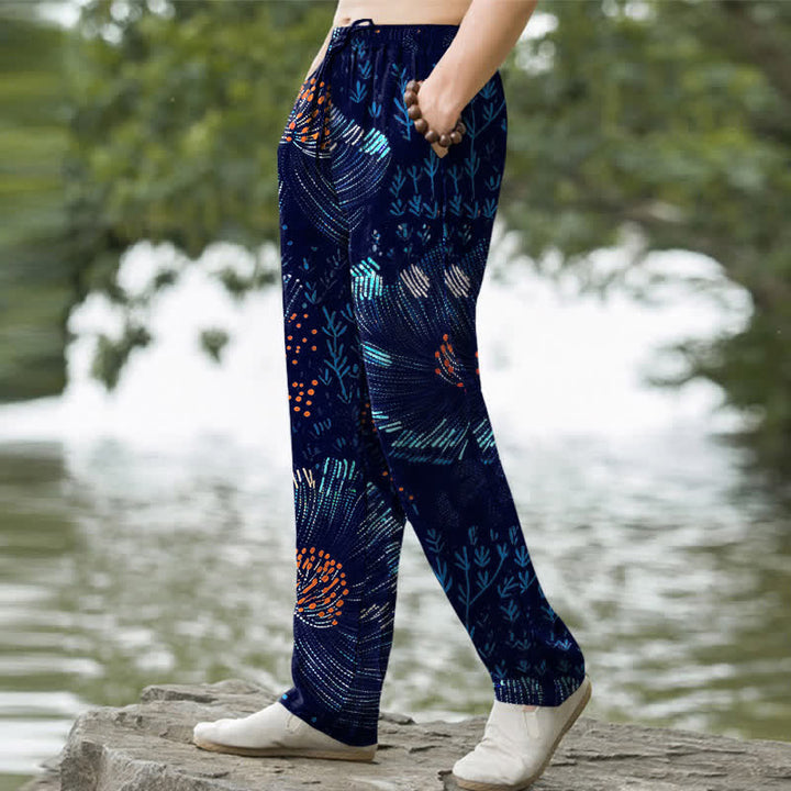 Buddha Stones Cotton Blooming Floral Pattern Men's Tapered Pants With Pockets - image 1