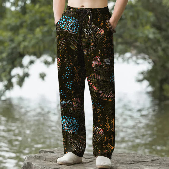 Buddha Stones Cotton Blooming Floral Pattern Men's Tapered Pants With Pockets - Black - US/UK/AU50，EU60 (5XL) - image 4
