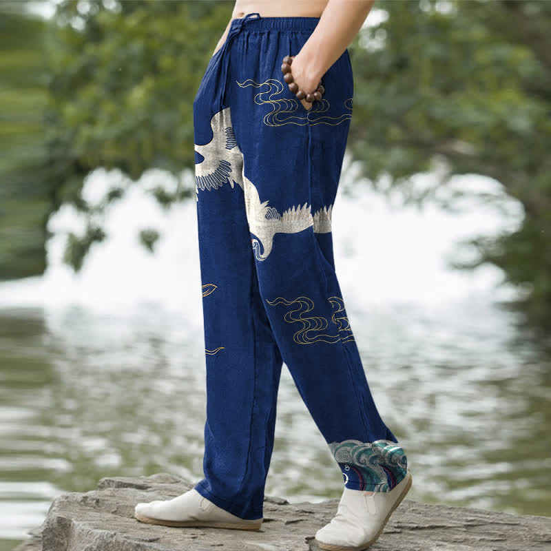 Buddha Stones Cotton Crane Cloud And Ocean Wave Pattern Men's Tapered Pants With Pockets - image 5