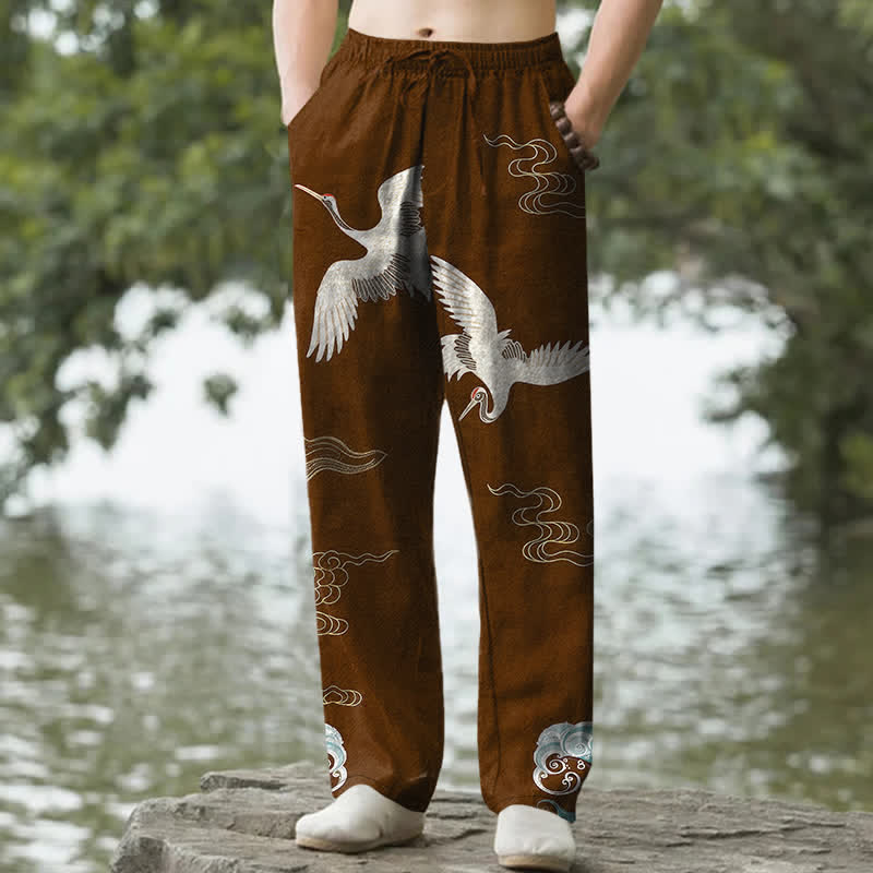Buddha Stones Cotton Crane Cloud And Ocean Wave Pattern Men's Tapered Pants With Pockets - SaddleBrown - US/UK/AU50，EU60 (5XL) - image 6