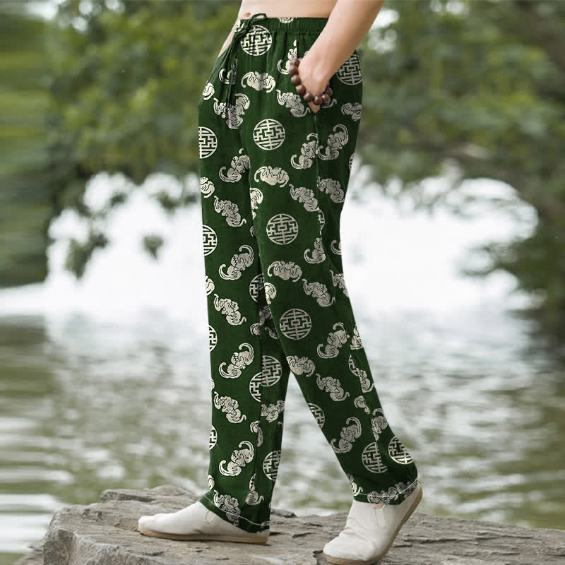 Buddha Stones Cotton Longevity Cloud Round Emblem Pattern Men's Tapered Pants With Pockets - image 5