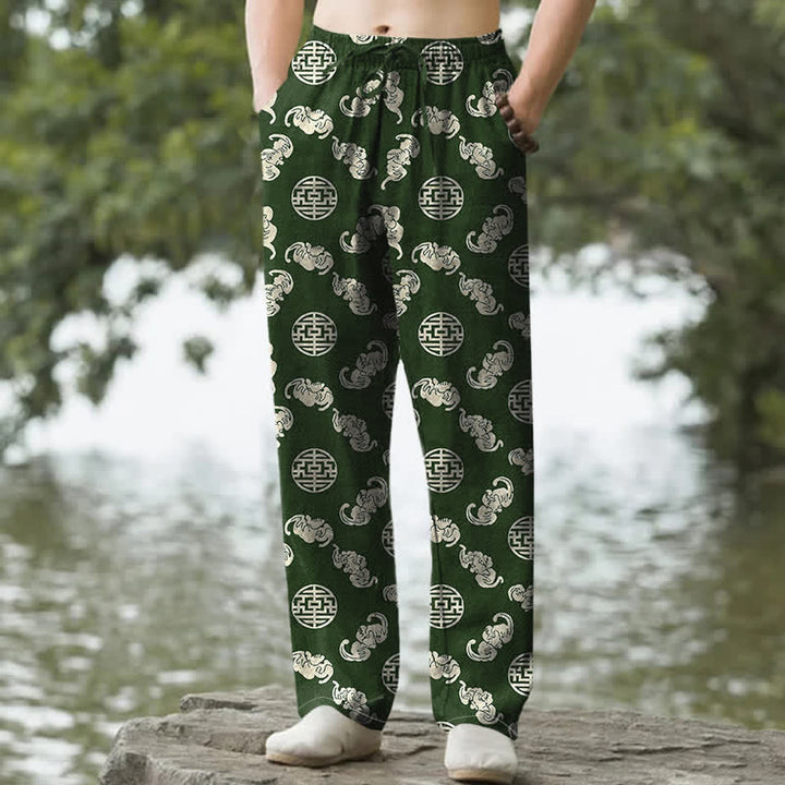 Buddha Stones Cotton Longevity Cloud Round Emblem Pattern Men's Tapered Pants With Pockets - ForestGreen - US/UK/AU50，EU60 (5XL) - image 4