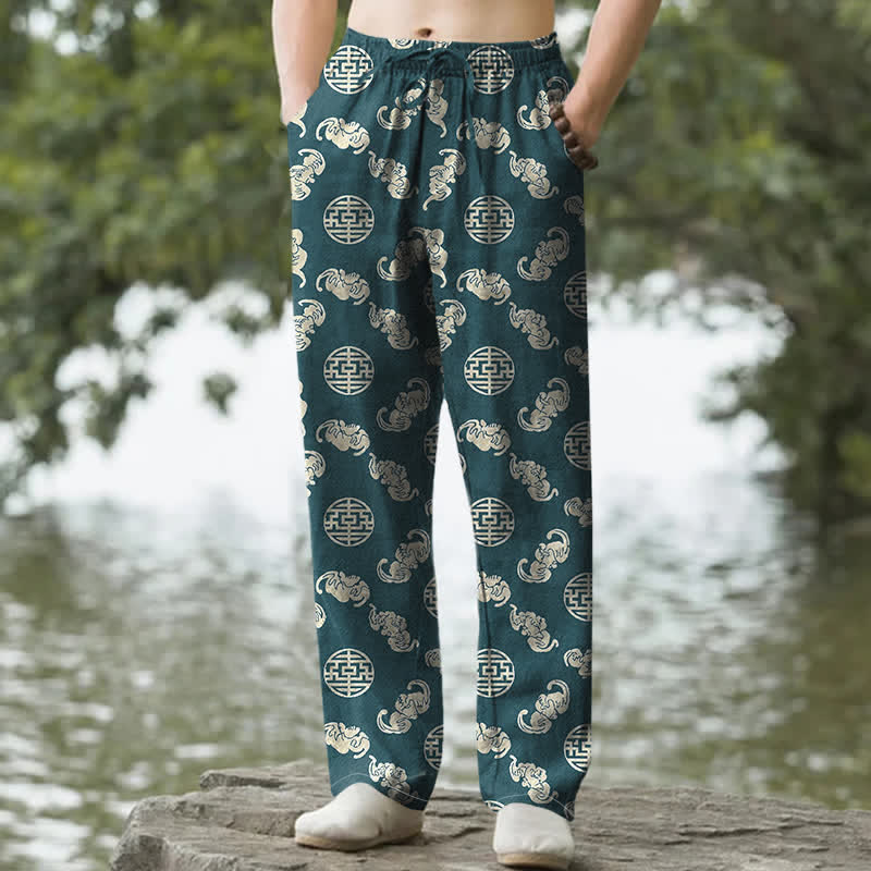 Buddha Stones Cotton Longevity Cloud Round Emblem Pattern Men's Tapered Pants With Pockets - Teal - US/UK/AU50，EU60 (5XL) - image 6