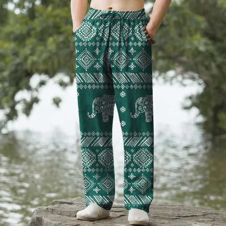 Buddha Stones Cotton Elephant Tribal Pattern Men's Tapered Pants With Pockets - DarkCyan - US/UK/AU50，EU60 (5XL) - image 0
