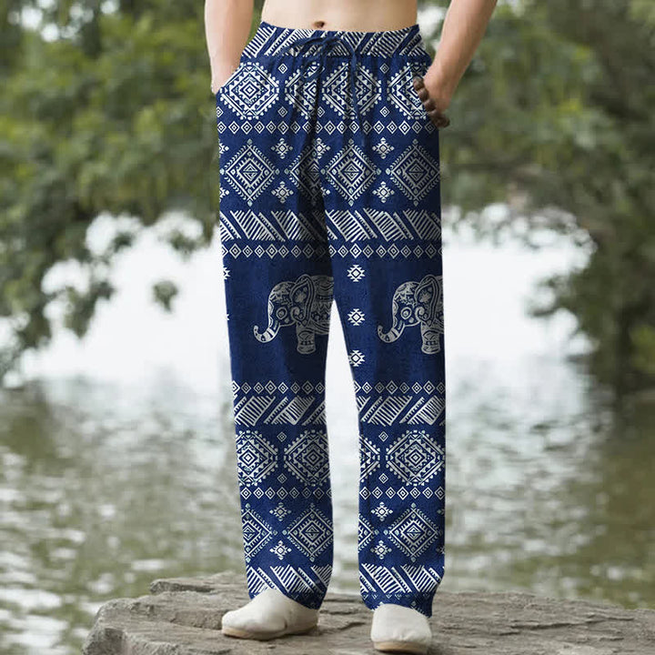 Buddha Stones Cotton Elephant Tribal Pattern Men's Tapered Pants With Pockets - Navy - US/UK/AU50，EU60 (5XL) - image 4