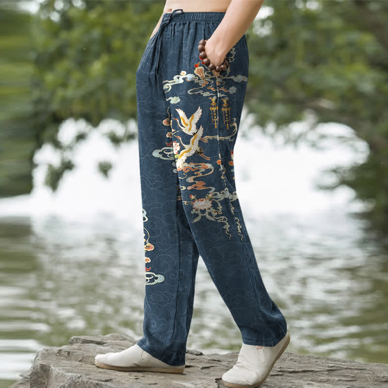 Buddha Stones Cotton White Crane Auspicious Clouds And Pavilion Lotus Pattern Men's Tapered Pants With Pockets - image 7