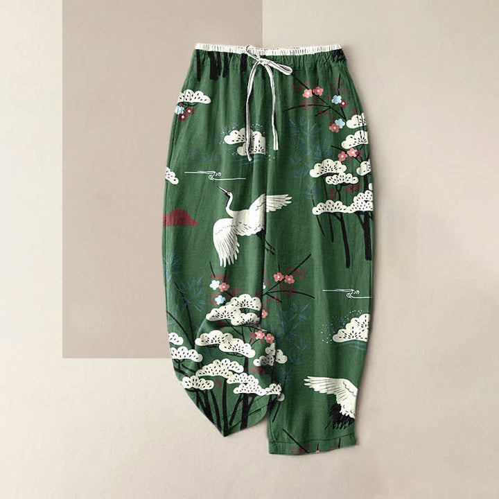 Buddha Stones Pure Cotton Graceful Crane And White Tree Pattern Women's Elastic Waist Pants With Pockets - ForestGreen - US16，UK/AU20，EU48 (3XL) - image 4