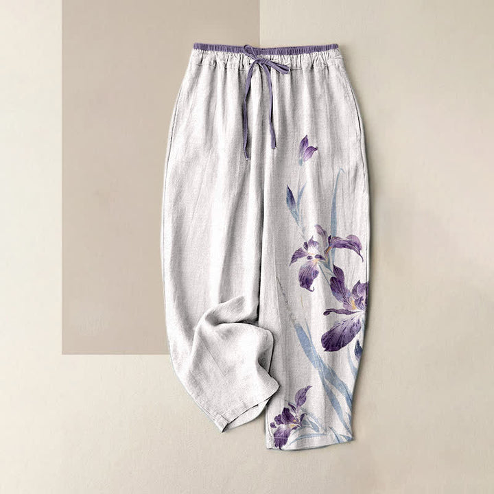 Buddha Stones Pure Cotton Graceful Iris Pattern Women's Elastic Waist Pants With Pockets - WhiteSmoke - US16，UK/AU20，EU48 (3XL) - image 0