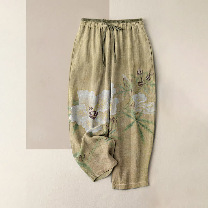 Buddha Stones Pure Cotton White Floral Leaf Pattern Women's Elastic Waist Pants With Pockets - DarkKhaki - US16，UK/AU20，EU48 (3XL) - image 0