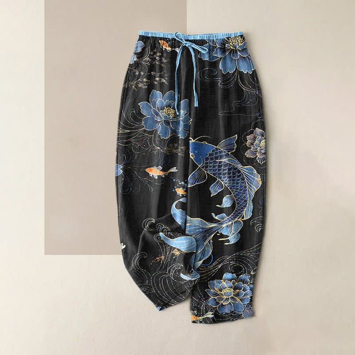 Buddha Stones Pure Cotton Koi Fish Lotus Pattern Women's Elastic Waist Pants With Pockets - Black - US16，UK/AU20，EU48 (3XL) - image 5