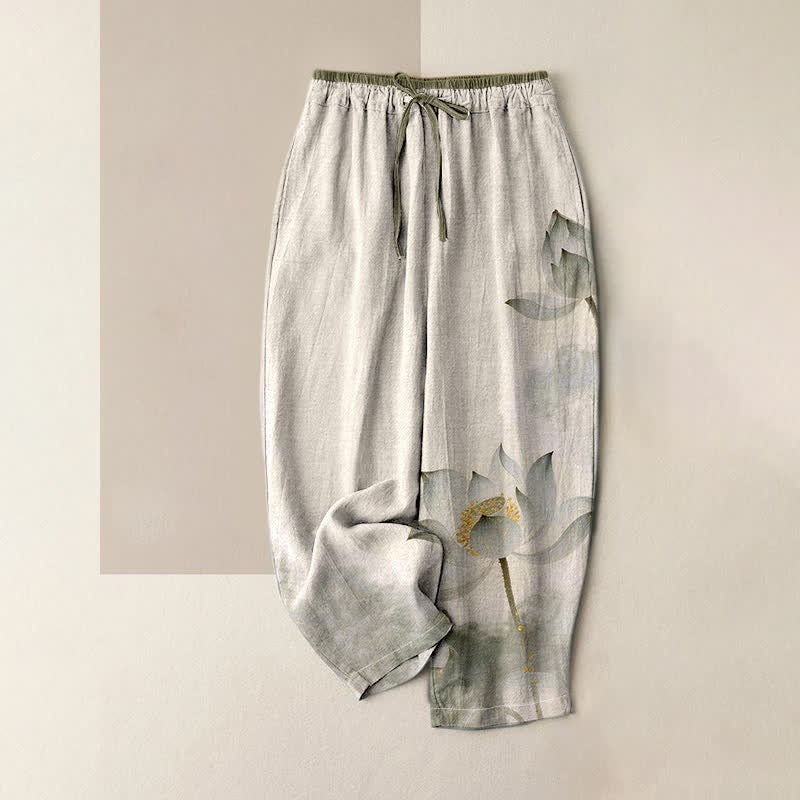 Buddha Stones Pure Cotton Lotus Ink Pattern Women's Elastic Waist Pants With Pockets - Linen - US16，UK/AU20，EU48 (3XL) - image 4