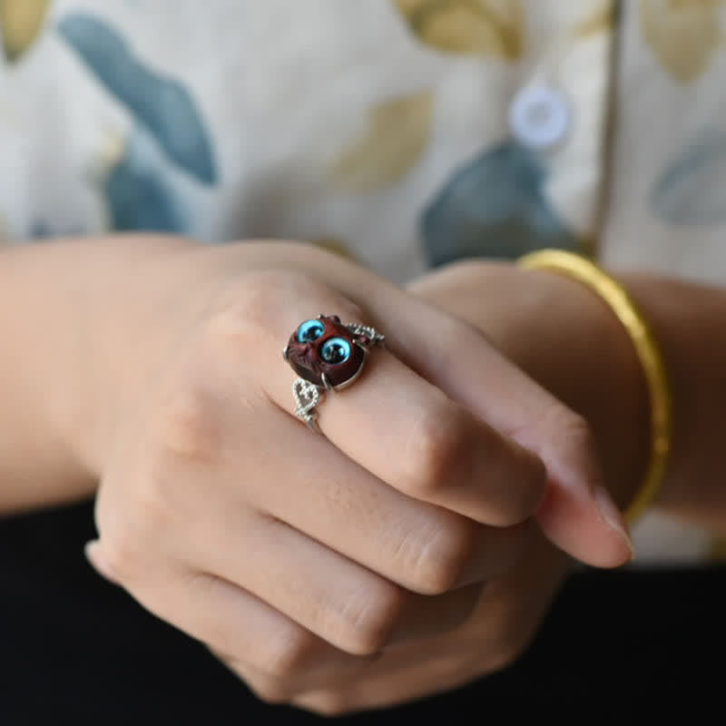 Buddha Stones Small Leaf Red Sandalwood Cat Longevity Adjustable Ring - image 10