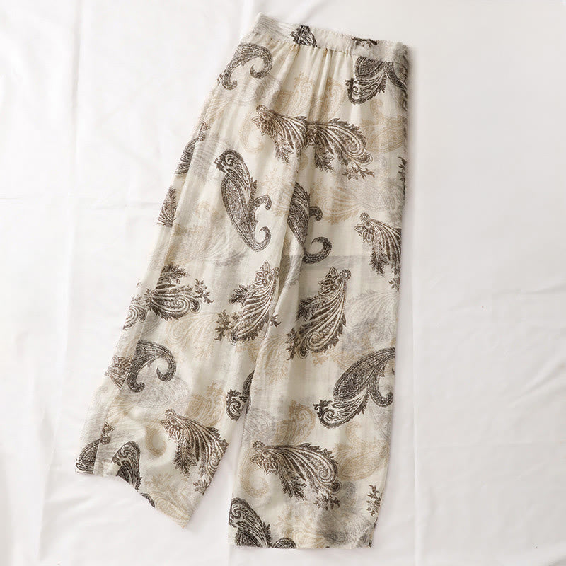 Buddha Stones Summer Boho Casual Paisley Zipper Design Ankle Women's Straight Leg Pants With Pockets - image 1