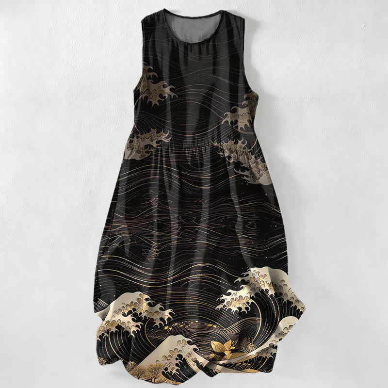 Buddha Stones Summer Casual Ukiyoe Ocean Waves Pattern Women's Summer Sleeveless Midi Dress With Pockets - Black - US16，UK/AU20，EU48 (3XL) - image 0