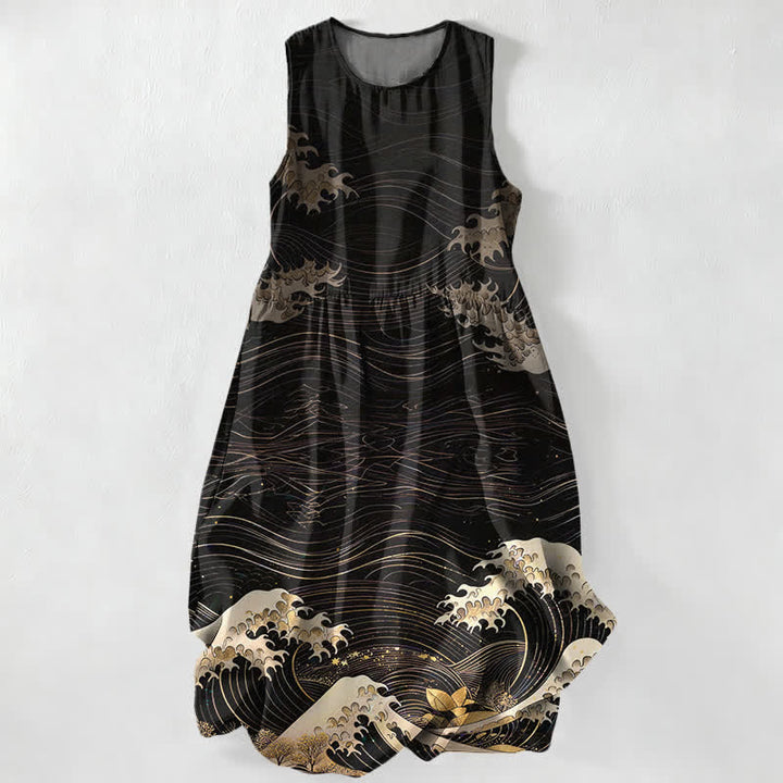 Buddha Stones Summer Casual Ukiyoe Ocean Waves Pattern Women's Summer Sleeveless Midi Dress With Pockets - Black - US16，UK/AU20，EU48 (3XL) - image 0