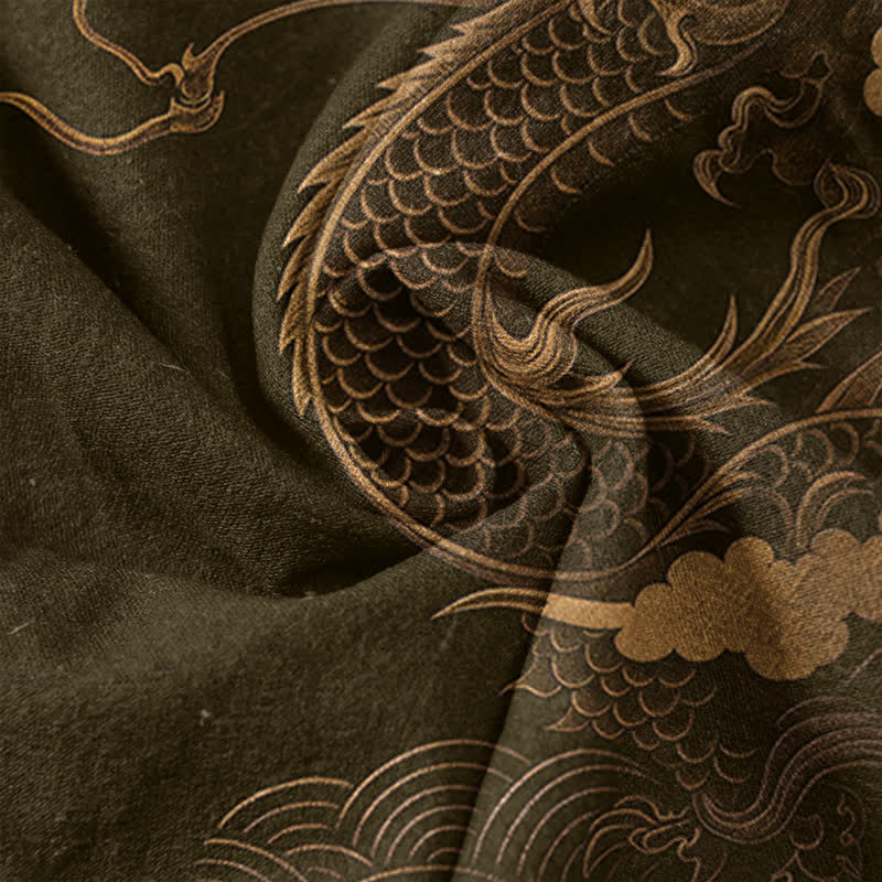 Buddha Stones Cotton Golden Dragon Pattern Men's Short Sleeve Half Button Shirt - image 4