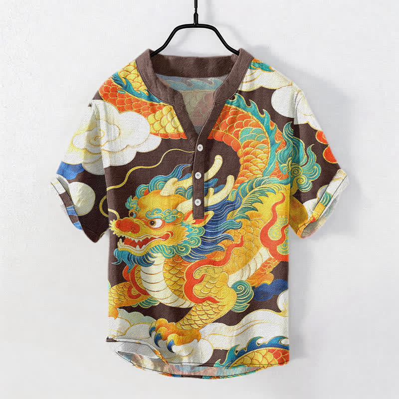 Buddha Stones Cotton Golden Dragon Auspicious Clouds Pattern Men's Short Sleeve Half Button Shirt - SaddleBrown - US/UK/AU50，EU60 (5XL) - image 0