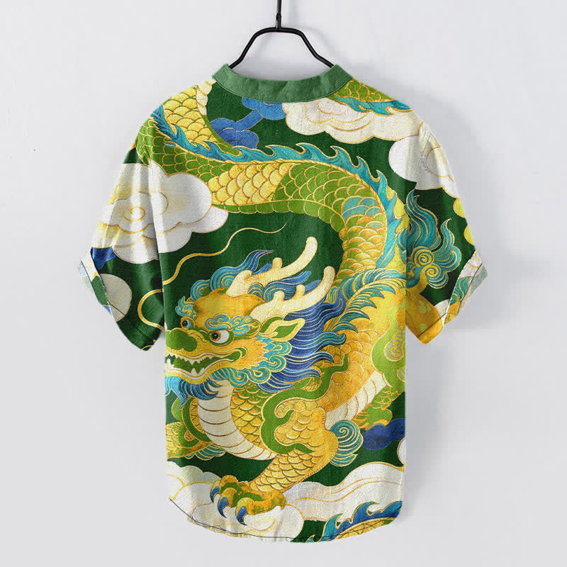 Buddha Stones Cotton Golden Dragon Auspicious Clouds Pattern Men's Short Sleeve Half Button Shirt - image 8
