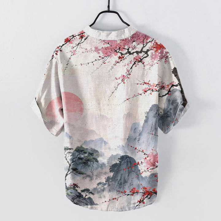 Buddha Stones Cotton Ink Landscape Plum Blossom Pattern Men's Short Sleeve Half Button Shirt - image 1