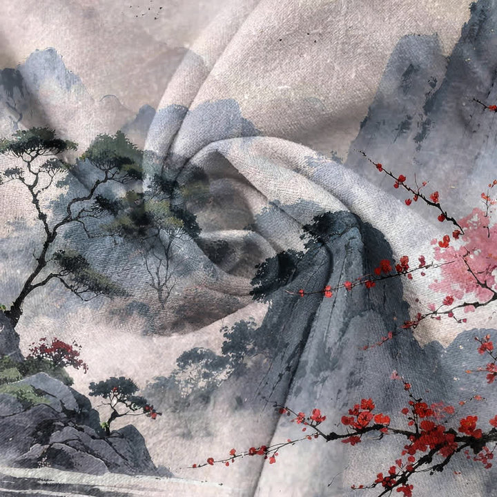 Buddha Stones Cotton Ink Landscape Plum Blossom Pattern Men's Short Sleeve Half Button Shirt - image 2