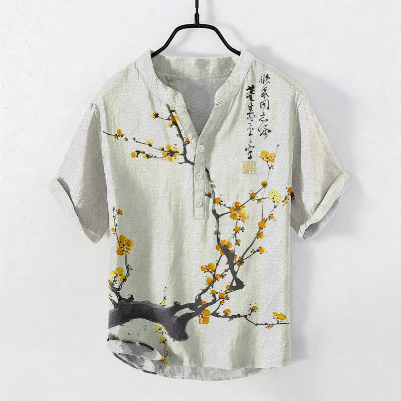 Buddha Stones Cotton Plum Blossom Branch Pattern Calligraphy Men's Short Sleeve Half Button Shirt - Khaki - US/UK/AU50，EU60 (5XL) - image 3