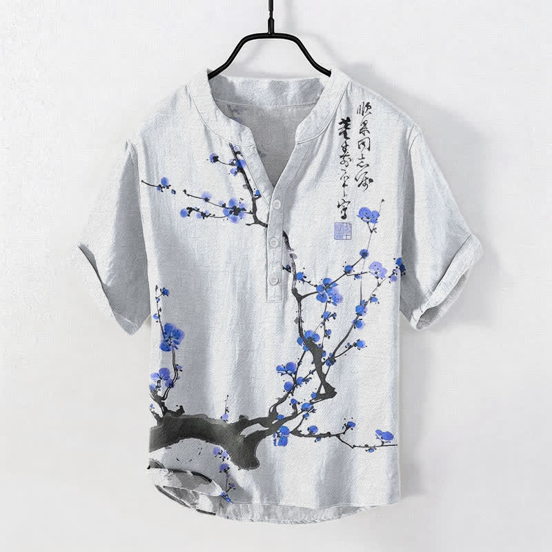 Buddha Stones Cotton Plum Blossom Branch Pattern Calligraphy Men's Short Sleeve Half Button Shirt - LightSkyBlue - US/UK/AU50，EU60 (5XL) - image 5
