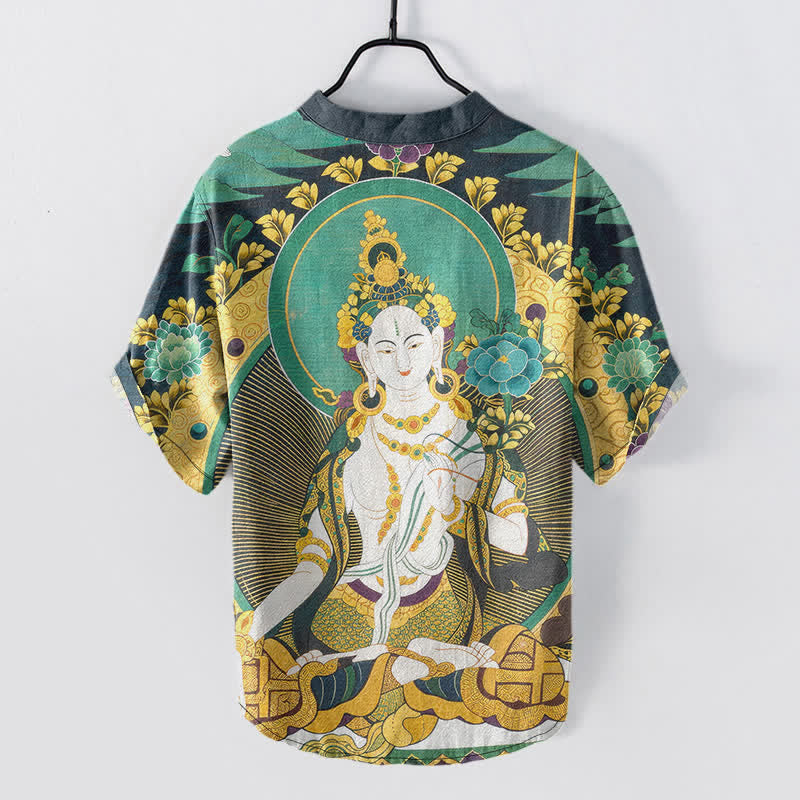 Buddha Stones Cotton Radiant Buddha Floral Pattern Men's Short Sleeve Half Button Shirt - image 1
