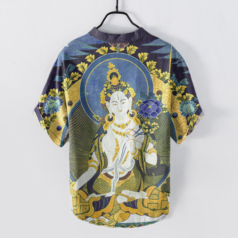 Buddha Stones Cotton Radiant Buddha Floral Pattern Men's Short Sleeve Half Button Shirt - image 6