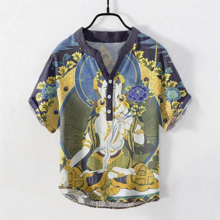 Buddha Stones Cotton Radiant Buddha Floral Pattern Men's Short Sleeve Half Button Shirt - CornflowerBlue - US/UK/AU50，EU60 (5XL) - image 5