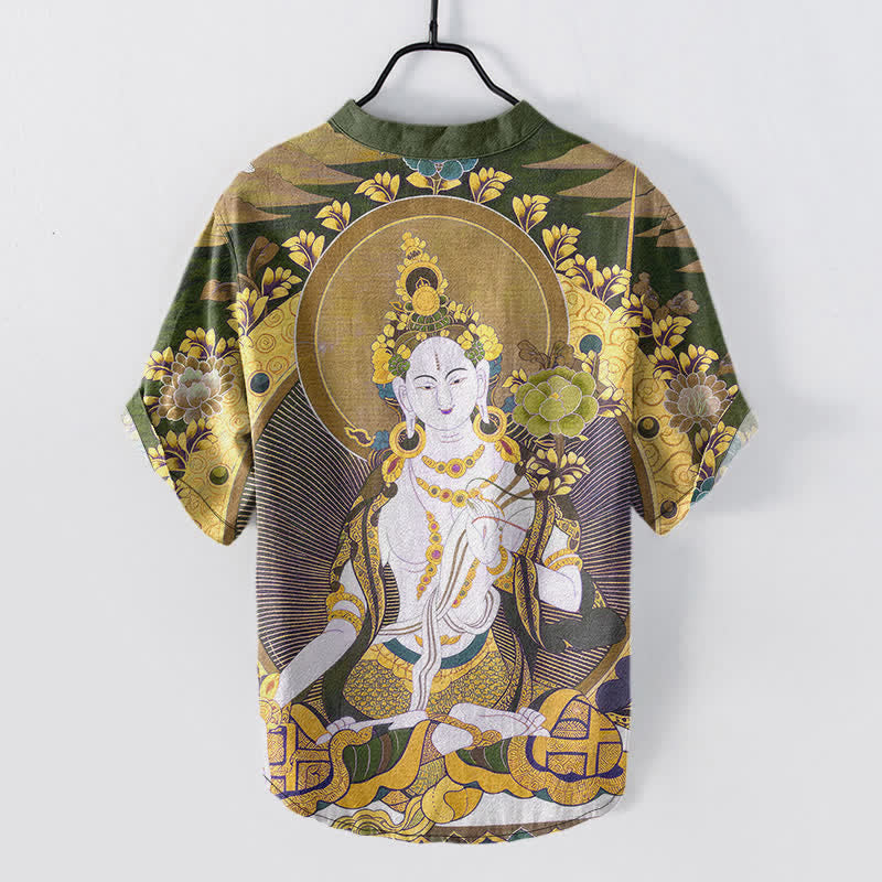 Buddha Stones Cotton Radiant Buddha Floral Pattern Men's Short Sleeve Half Button Shirt - image 8